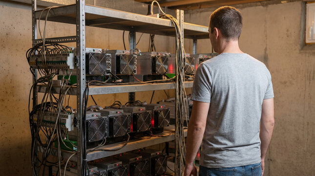 Young man inspecting a homemade underground cryptocurrency mining farm with hardware equipment on metal racks in a concrete basement
