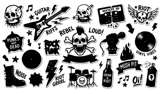 Trendy punk rock roll vector bundle vintage 80s 90s doodle music sticker icon set design