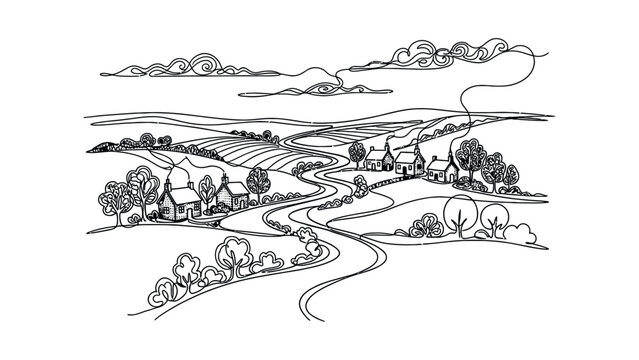 Hand drawn line art landscape of a rural village and winding road.