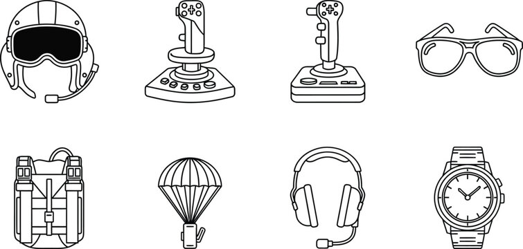 Line of aviation and gaming accessories, including helmets, goggles, joysticks, headset, parachute, watch, and backpack