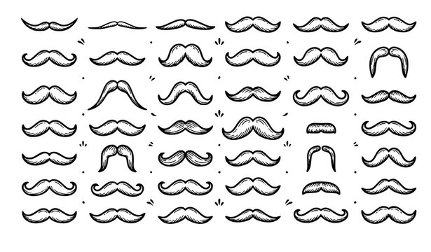 Hand drawn mustache vector set black and white vintage barber style line art illustration