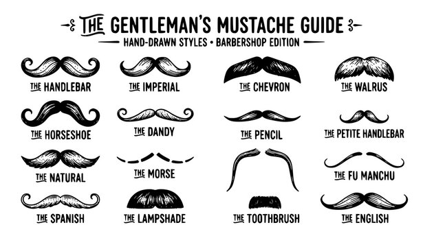 Trendy mustache vector bundle black white hand drawn barber style sketch illustration set