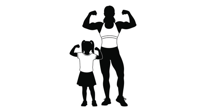 silhouette of mother and daughter flexing muscles strong women fitness illustration silhouette