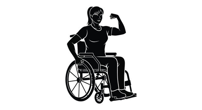 woman in wheelchair flexing bicep muscle athletic empowerment black and white silhouette
