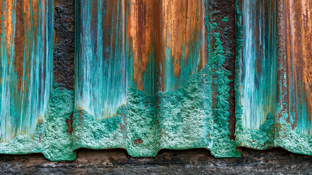 Oxidized copper architectural standing seam roof panel array, natural verdigris patina forming irregular mineral gradient across folded metal surface, roofing material weathering transformation deca