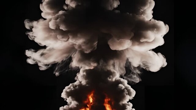 Massive Mushroom Cloud Explosion Smoke Fire Black Background.