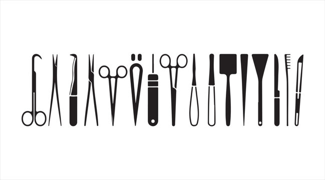 Black Surgery Equipment Vector Collection Featuring Professional Medical Instruments and Tools