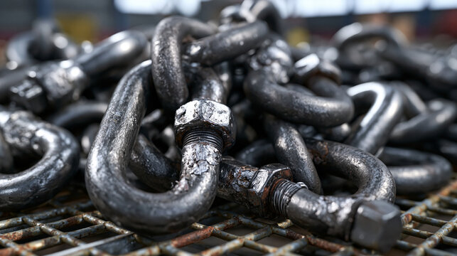 Steel shackle hardware scattered pile on galvanized deck grating, bow shackles and dee shackles tangled with swivel eyes, zinc coating flaking at thread interfaces, marine rigging components in chao