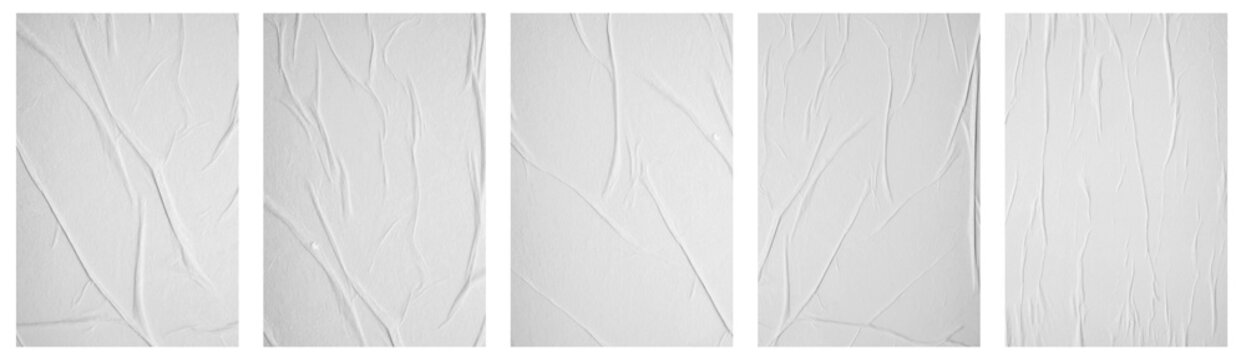 Blank white crumpled and creased paper poster texture set isolated on white background