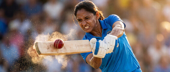 Obraz premium Female cricket batter hitting ball with dust burst in action close up. Concept of women cricket, dynamic sports advertising, match intensity, athlete power and tournament promo.