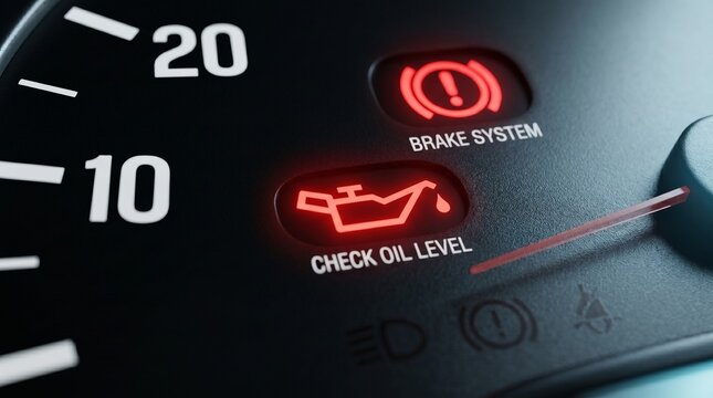Car dashboard warning lights, glowing red check oil level and brake system icons on speedometer, automotive diagnostic display for vehicle maintenance