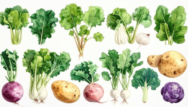 Collection of Fresh Root Vegetables and Leafy Greens.