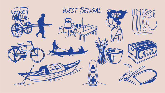 West Bengal traditional culture and heritage symbols, hand drawn minimal line art doodle set, premium modern monoline vector illustration, clean design isolated on white background, national tourism a