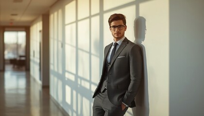 Fototapeta premium Professional businessman with glasses standing in bright office hallway businessman professional executive corporate portrait confidence business standing employment sunlight lighting