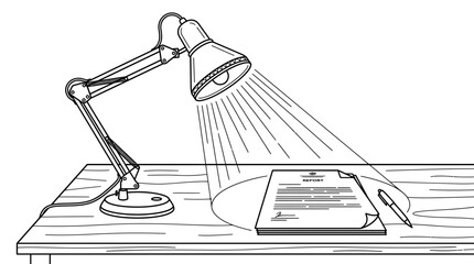 Fototapeta premium A black and white line drawing of a desk lamp illuminating a document and a pen on a table.