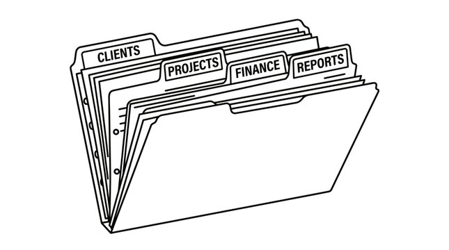 Black and white line art illustration of organized office file folders.