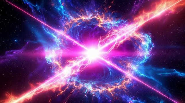 Cosmic explosion in deep space with vibrant nebula clouds and bright light beams 4k video