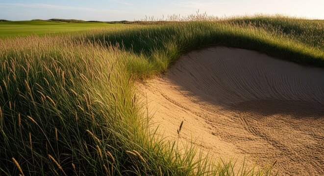 Coarse, dense green and brown native grasses framing the sharp edge of a deep sand hazard, suggesting a challenging golf environment, terrain, coarse, detail