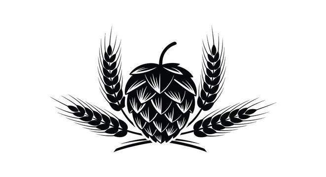Black silhouette of hop cone with wheat stalks and leaves isolated on white background silhouette