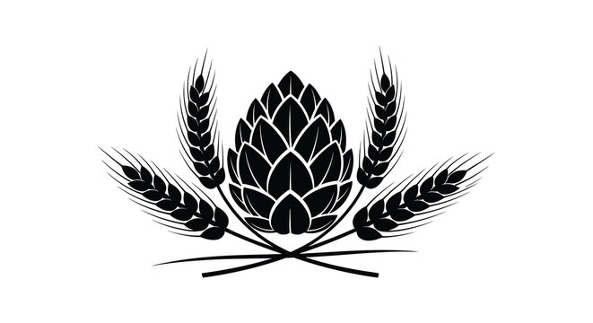 Hop cone and wheat stalks arrangement in black silhouette
