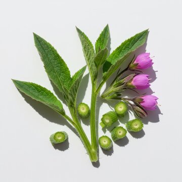 Fresh comfrey plant parts, useful for herbal medicine and natural healing, isolated on a bright white background, simple, medicinal, botany