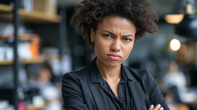 Serious young professional woman with curly hair looking at camera with a skeptical facial expression
