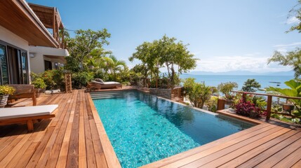 Fototapeta premium Luxury infinity pool overlooks tropical ocean vista from wooden deck area