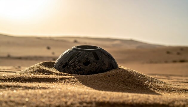 Close-up of a pressure activated landmine partially buried in sand at dawn with a subtle sunlight creating shadows on the desert terrain