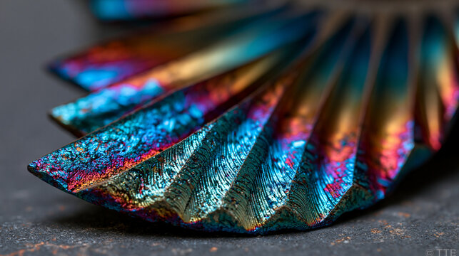Titanium aerospace turbine blade leading edge macro detail, precision machined alloy surface micro-grooves, heat resistant coating iridescence, industrial engineering specimen hero shot, single comp