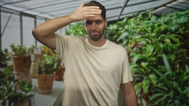 Man covering eyes with hand while smiling and wearing a striped tshirt among potted plants in a greenhouse building; thoughtful reflection.
