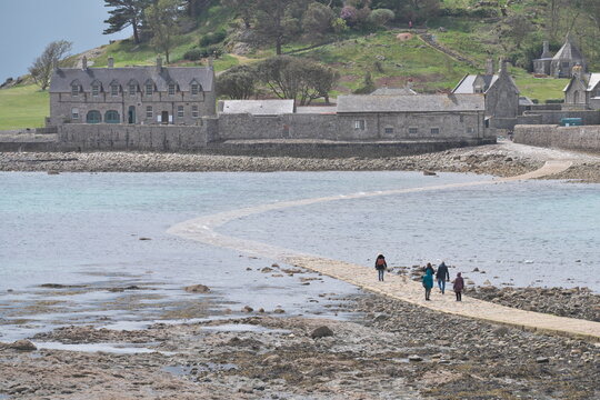 Cornwall, UK - May 14, 2026: St. Michael's Mount and cobbled causeway to the island when the tide coming in