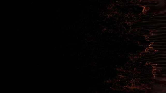 Glowing golden particle streams moving from right to left on a black background, 4K animation 
