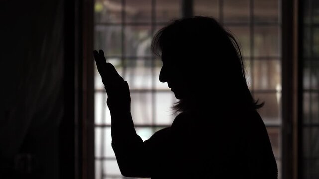 Silhouette of a woman expressing despair and emotional distress. The scene conveys sadness, isolation, and inner struggle in a dramatic visual.