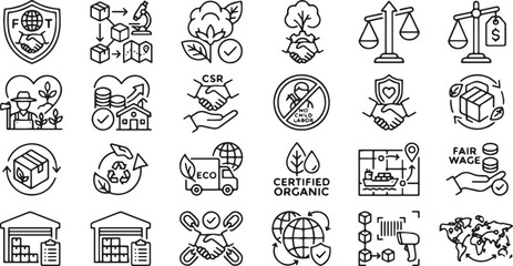 Fototapeta premium Fair trade logistics and sustainable supply chain vector icon set, minimalist monoline line art symbols for ethical transport, global shipping, corporate social responsibility, and certified organic g