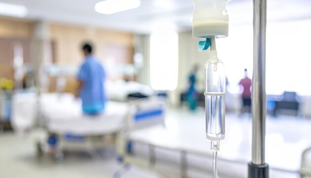 Close-up of an intravenous IV bag with clear saline solution hanging in a blurred hospital room setting with patients and medical staff in the background