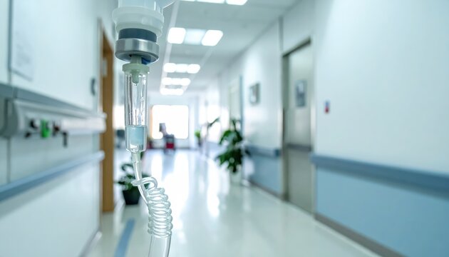 Close-up of an intravenous IV drip bag filled with saline solution hanging in a clean, bright hospital corridor