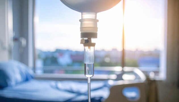 Close-up of an intravenous saline drip chamber in a hospital, showing fluid infusion for patient treatment and recovery
