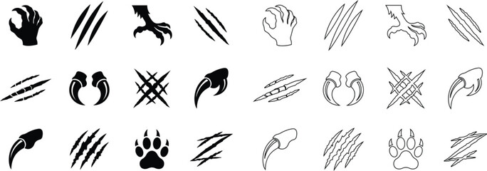Obraz premium Animal Claw Scratch Marks Icon Set Collection Group Black Flat Line Style Vector Illustration Bundle Featuring Tiger Bear Wolf Monster Nail Slash Talon Paw Attack Symbols