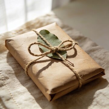 Eucalyptus leaf and jute twine on kraft parcel