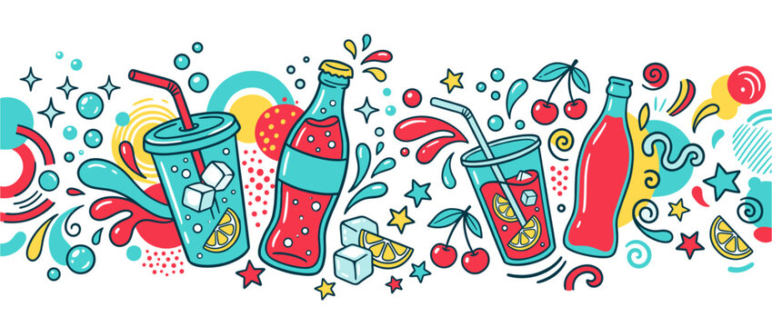 Refreshing summer drinks doodle border with assorted beverages, splashing liquids, ice cubes, fruit, and colorful abstract elements celebrating hot weather