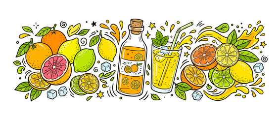 Obraz premium Citrus doodle with oranges, lemons, limes, mint and ice around a bottle and glass of orange juice and lemonade, splashing and conveying fresh, vibrant summer refreshment