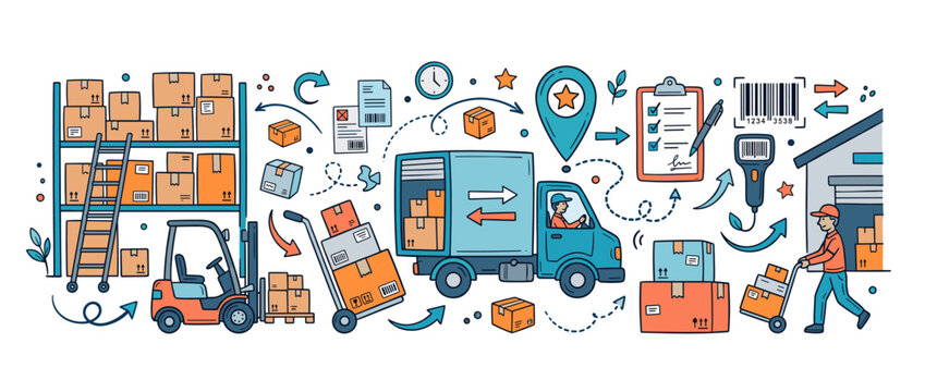 Supply chain managing goods movement from storage to delivery, featuring warehouse operations, order processing, truck transport, and final package handover
