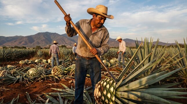 Jimador cosechando agave azul para la producci&oacute;n de tequila en Jalisco