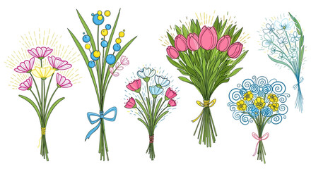 Collection of beautiful hand-drawn floral bouquets with delicate ribbons, perfect for spring celebrations and greetings © Simon