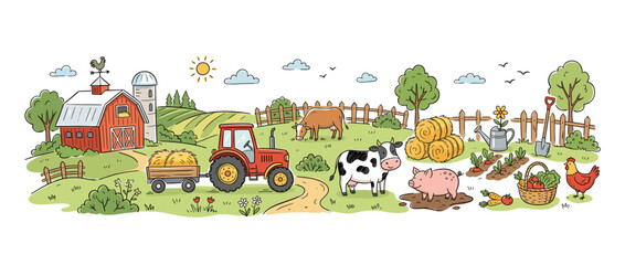 Fototapeta premium Rural farm landscape showing a red barn, tractor with hay, grazing cows, pig, chicken, vegetable garden, hay bales, and farming tools under a sunny sky