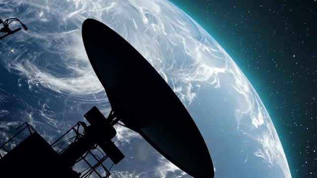 Satellite dish silhouette against Earths atmosphere, showcasing the curvature of the planet and starry space, emphasizing the connection between technology and the cosmos