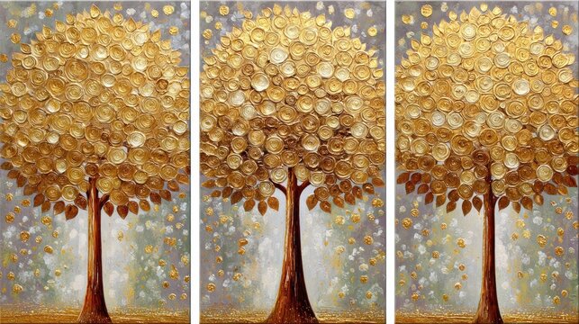 Three stylized paintings depict rich golden trees against a muted background with falling accents