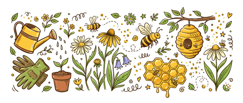 Hand drawn illustration featuring spring and summer gardening elements, blooming flowers, flying bees, honeycomb, and a beehive, symbolizing nature, growth, and pollination