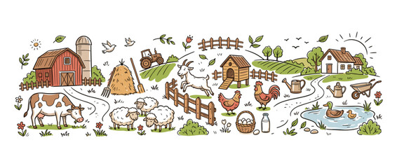 Obraz premium Rural farm animals with countryside agricultural elements, farm buildings, natural landscape, and farming tools, illustrating sustainable living and organic food production