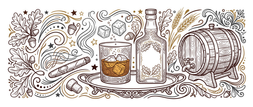 Hand-drawn outline illustration of whiskey elements: old-fashioned glass with ice, bottle, barrel, oak leaves, acorns, wheat and a smoking cigar on white background